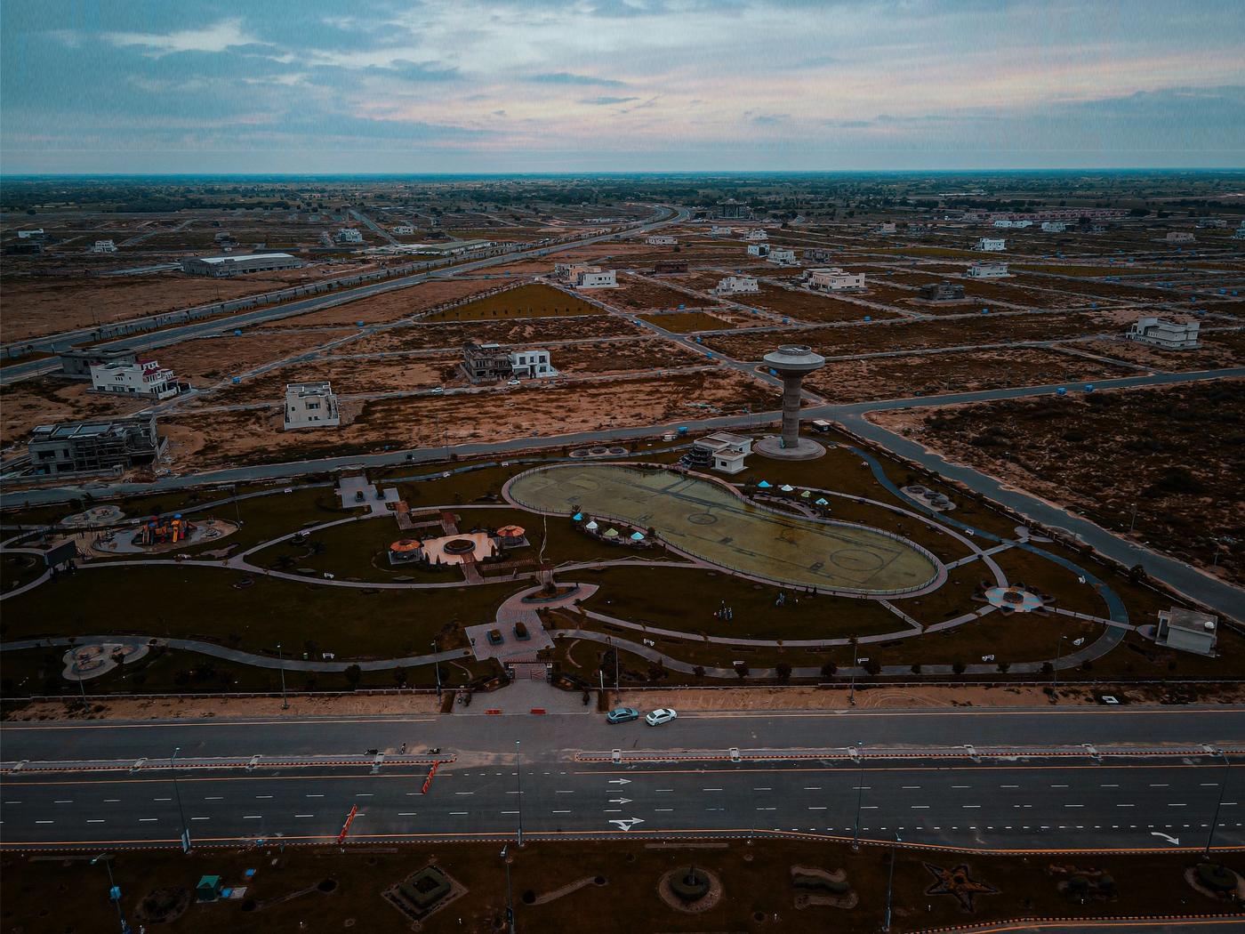 Aerial view of a planned residential community with a central park